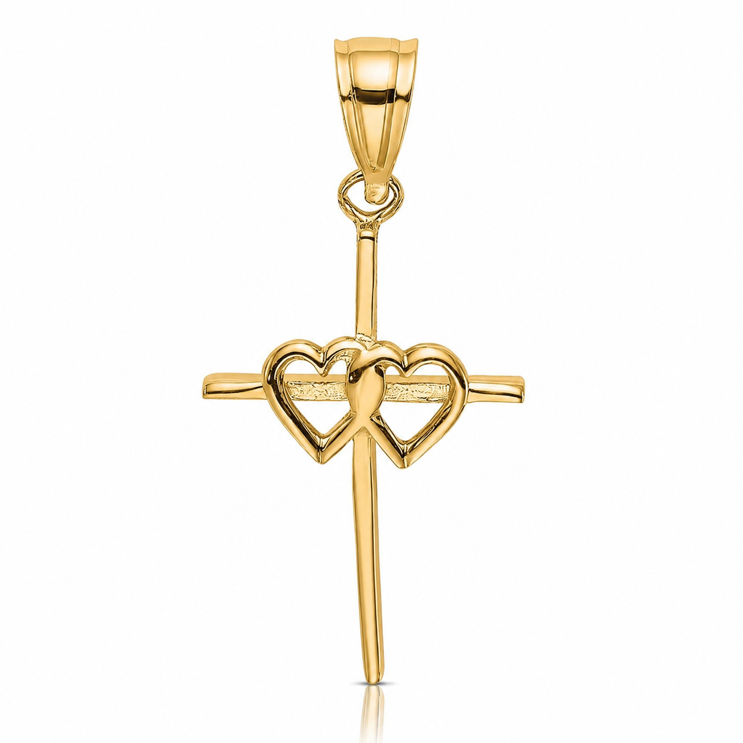 14K Polished Double Hearts On Stick Cross Charm - Lifestyle View