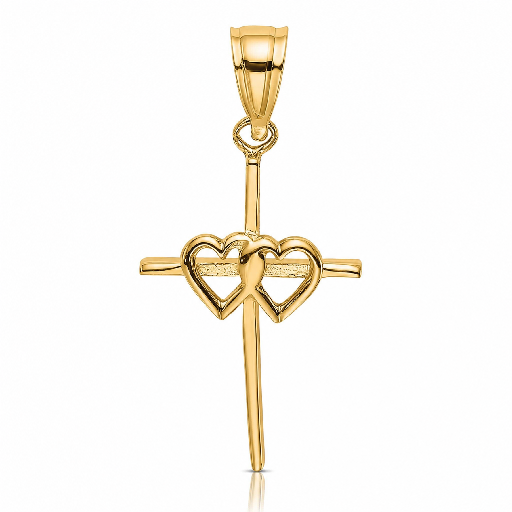 14K Polished Double Hearts On Stick Cross Charm - Lifestyle View