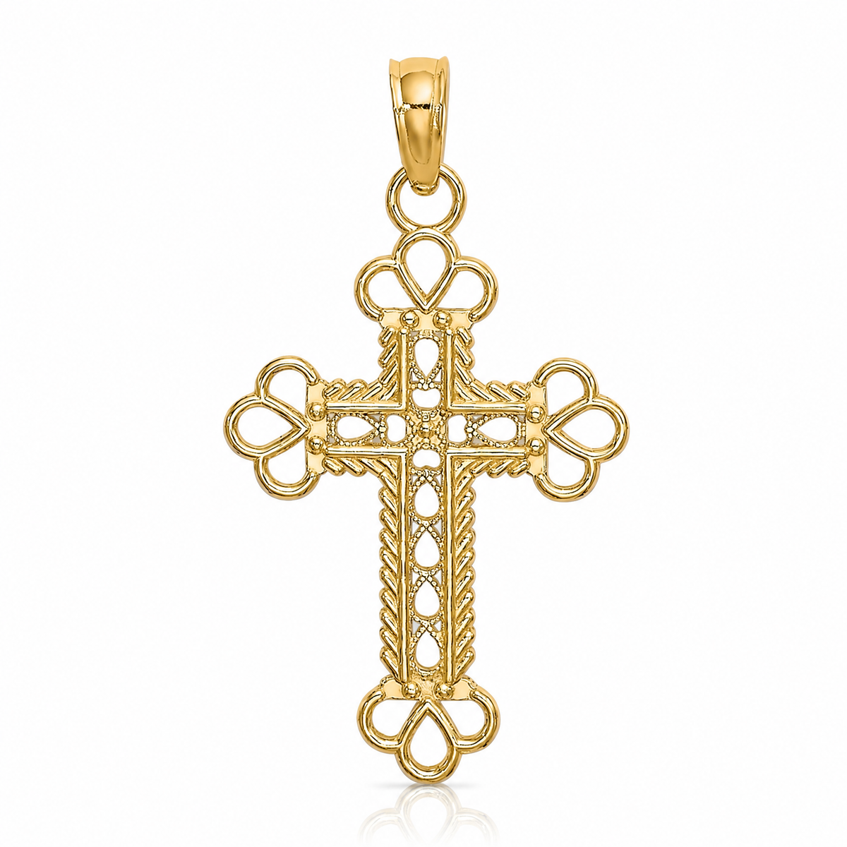 14K Textured and Cut-Out W/ Rope Frame Block Cross Charm - Lifestyle View