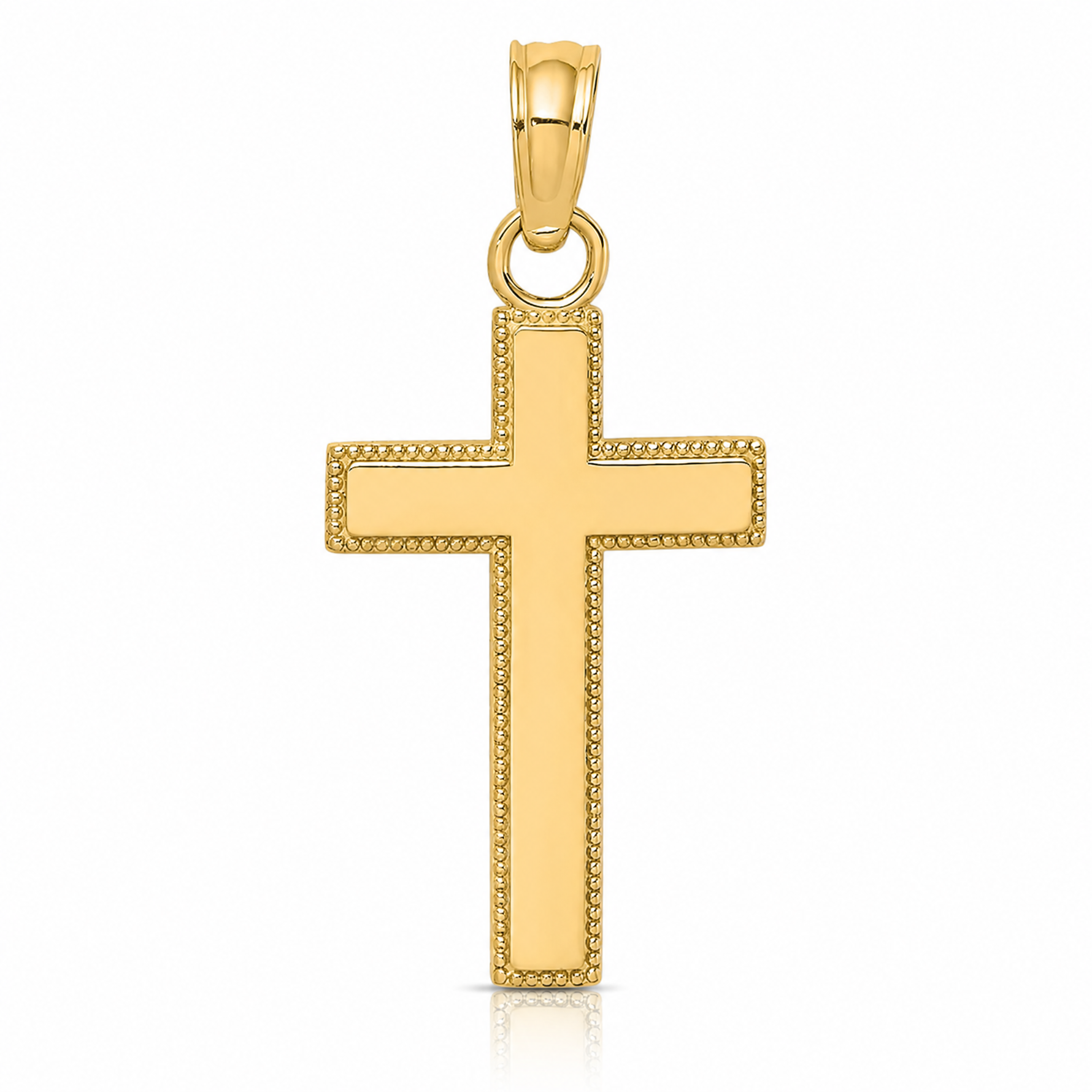 14K Polished Block Style Beaded Edge Cross Charm - Lifestyle View