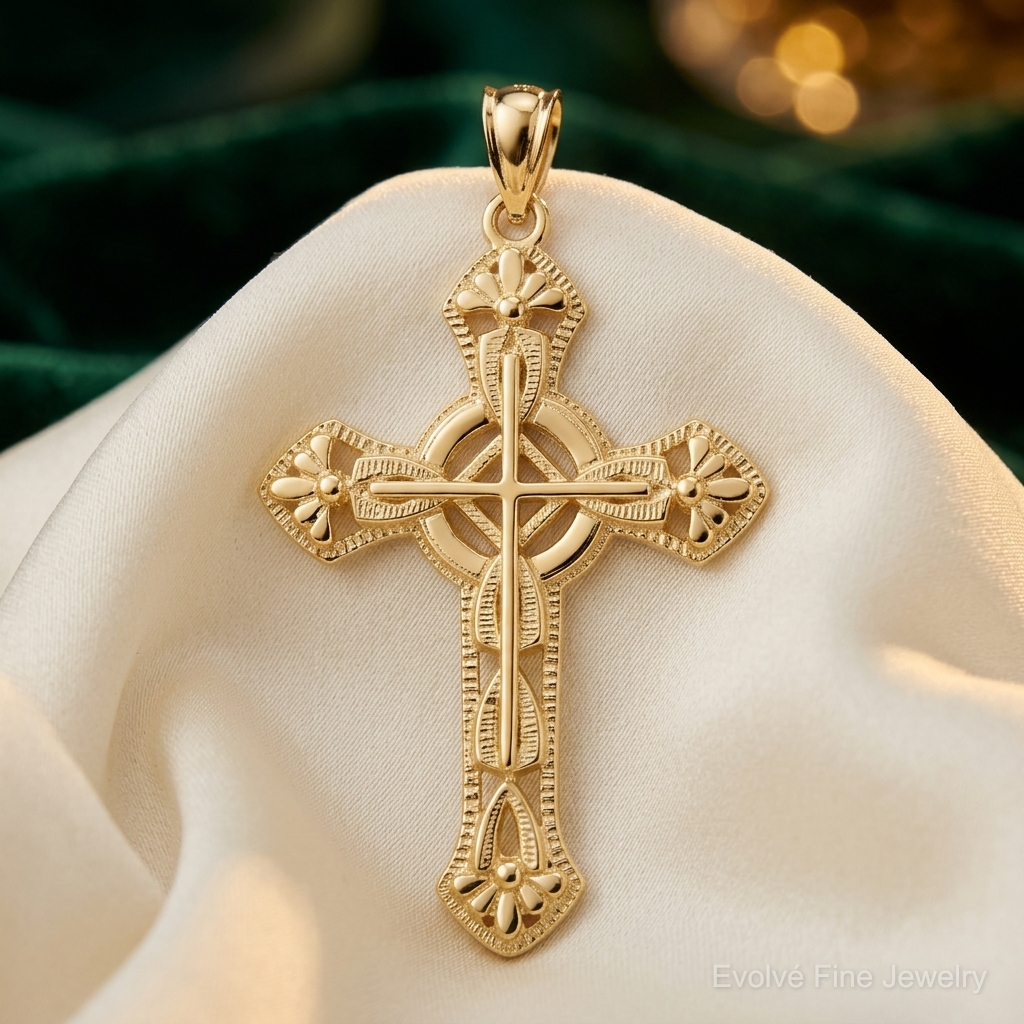 14K Cut-Out Floral Cross Pendant - Lifestyle View