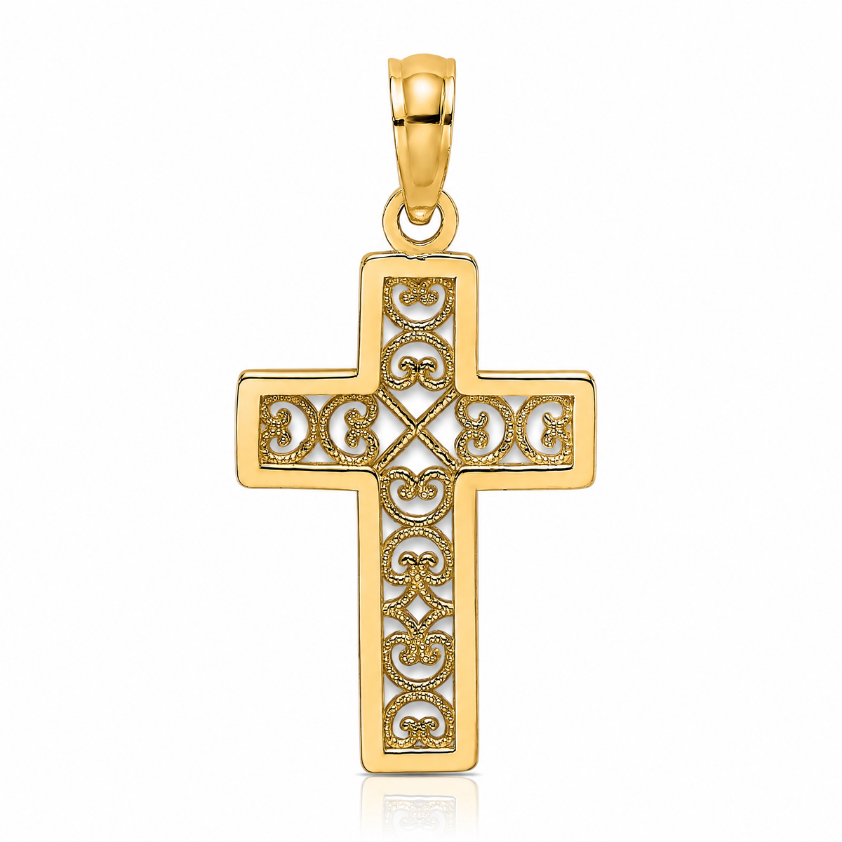 14K Textured Lace Center Cross Charm - Lifestyle View
