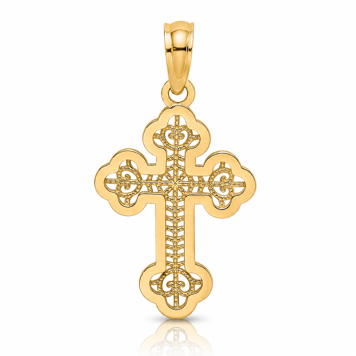 14K Lace Center Budded Cross Charm - Lifestyle View
