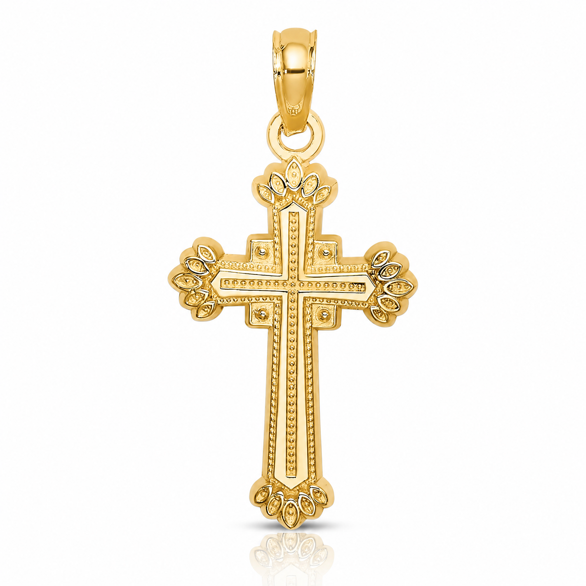 14K Textured Leaves On Edges Cross Charm - Lifestyle View
