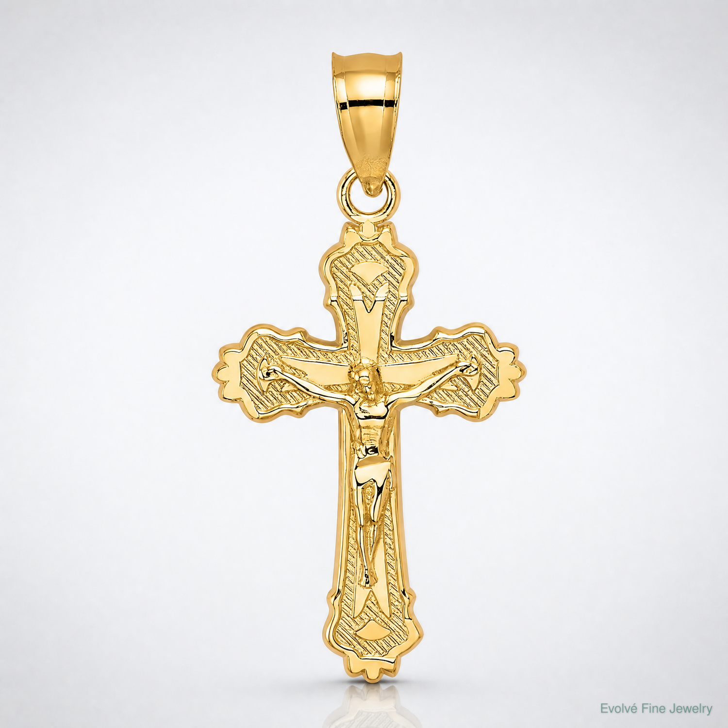 14K W/ Textured Scalloped Edge Crucifix Charm - Lifestyle View