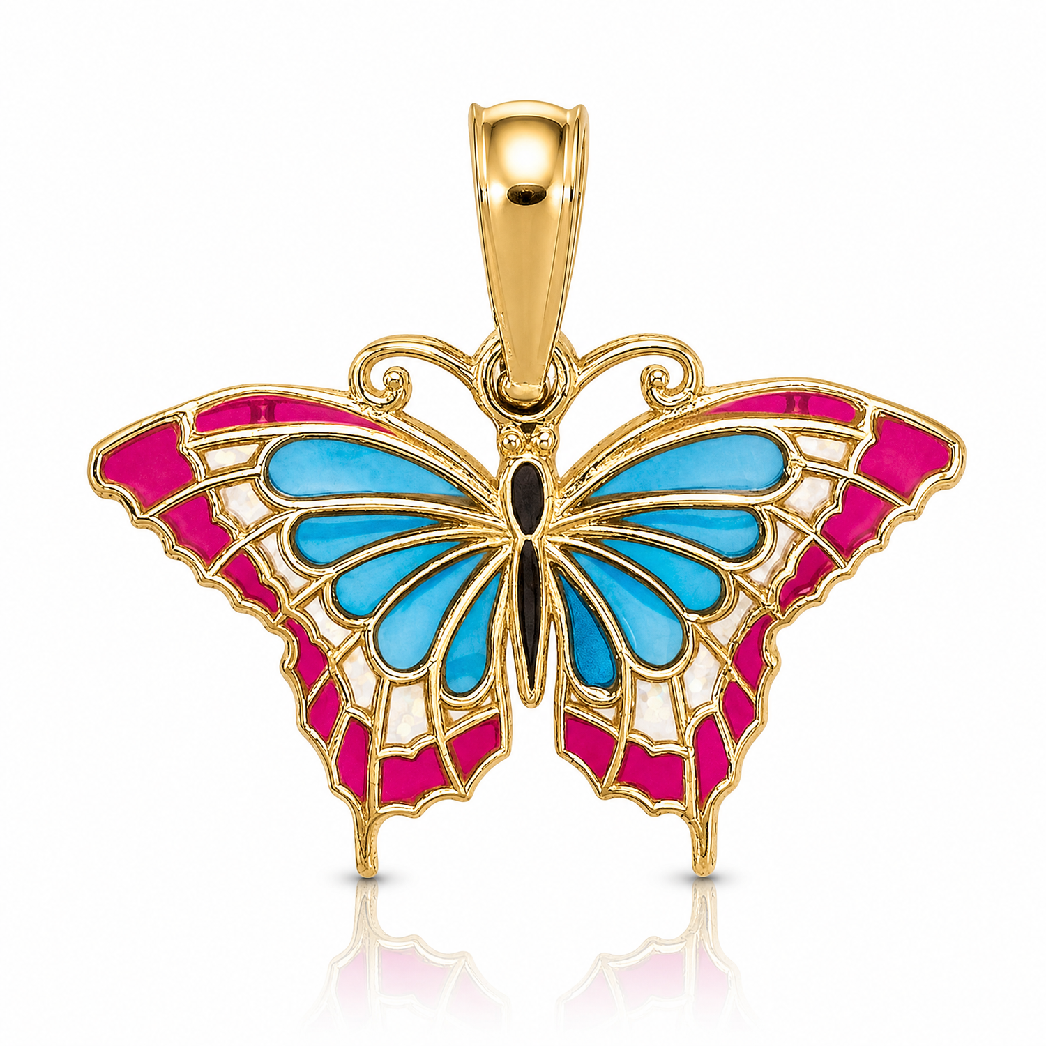 14K Small Enameled Blue and Red Butterfly Charm - Lifestyle View