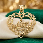 14K Polished MOM Dangle in Fancy Heart Pendant - Lifestyle View