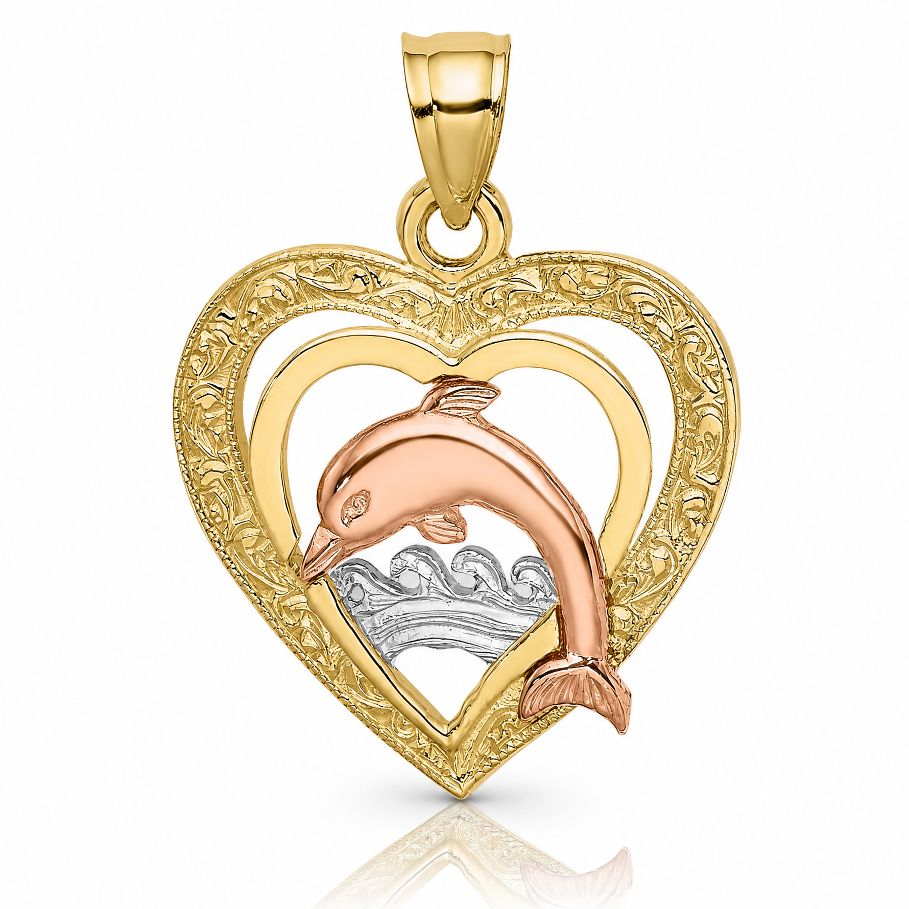 14K Two-tone w/White Rhodium Dolphin In Heart Charm - Lifestyle View