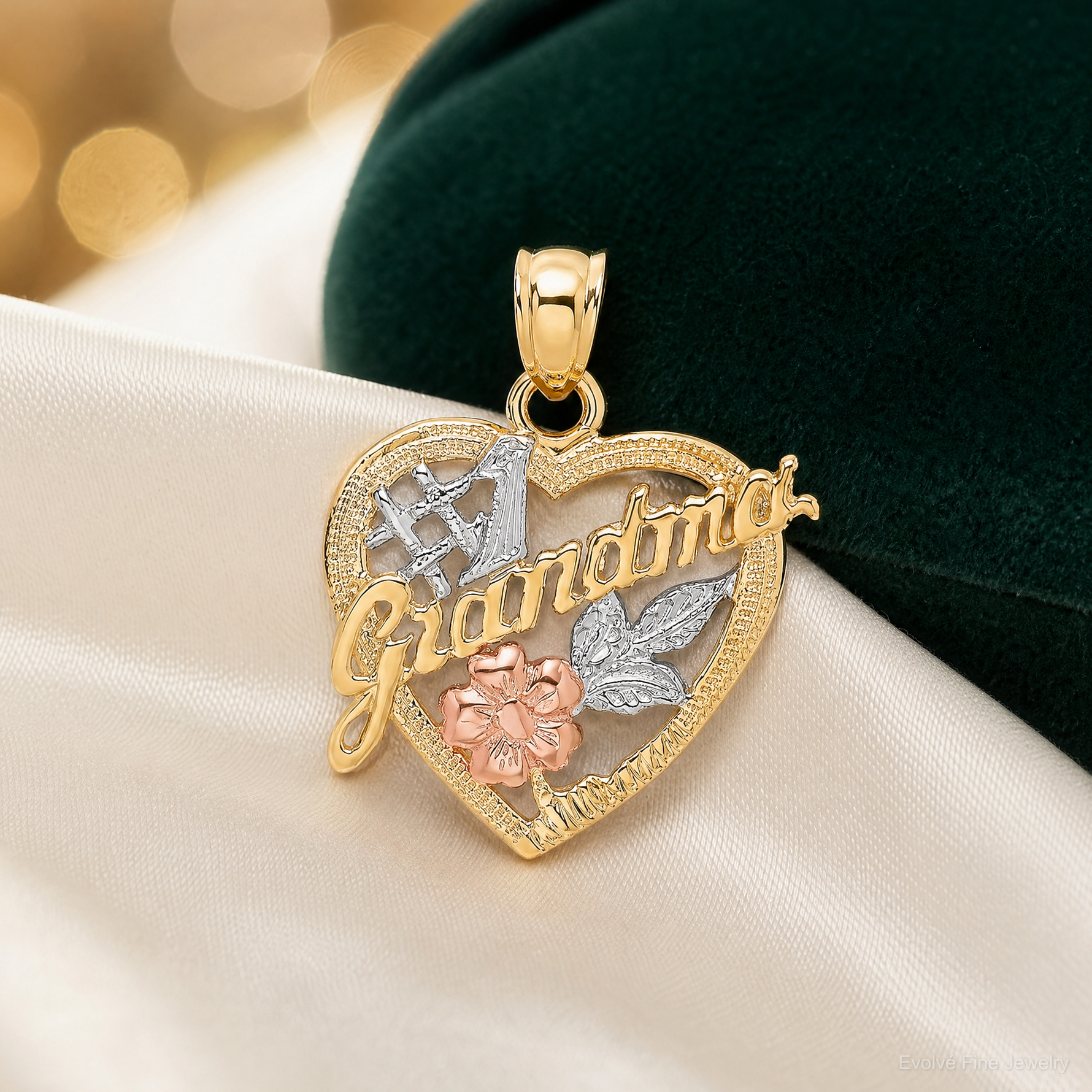 14k Two-tone  White Rhodium #1 GRANDMA In Heart Charm - Lifestyle View