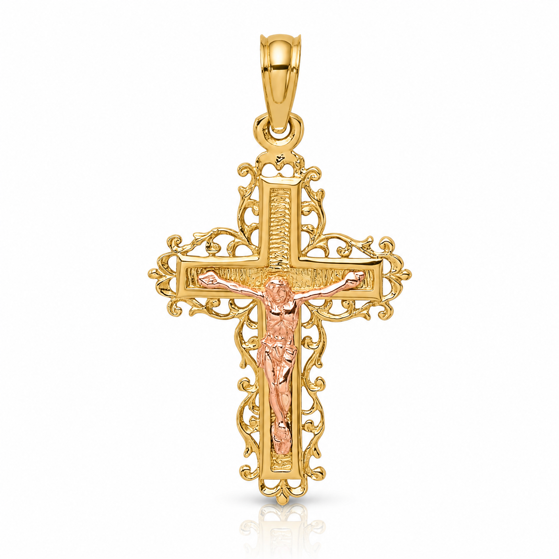14K Two-Tone Crucifix W/ Lace Trim Charm - Lifestyle View