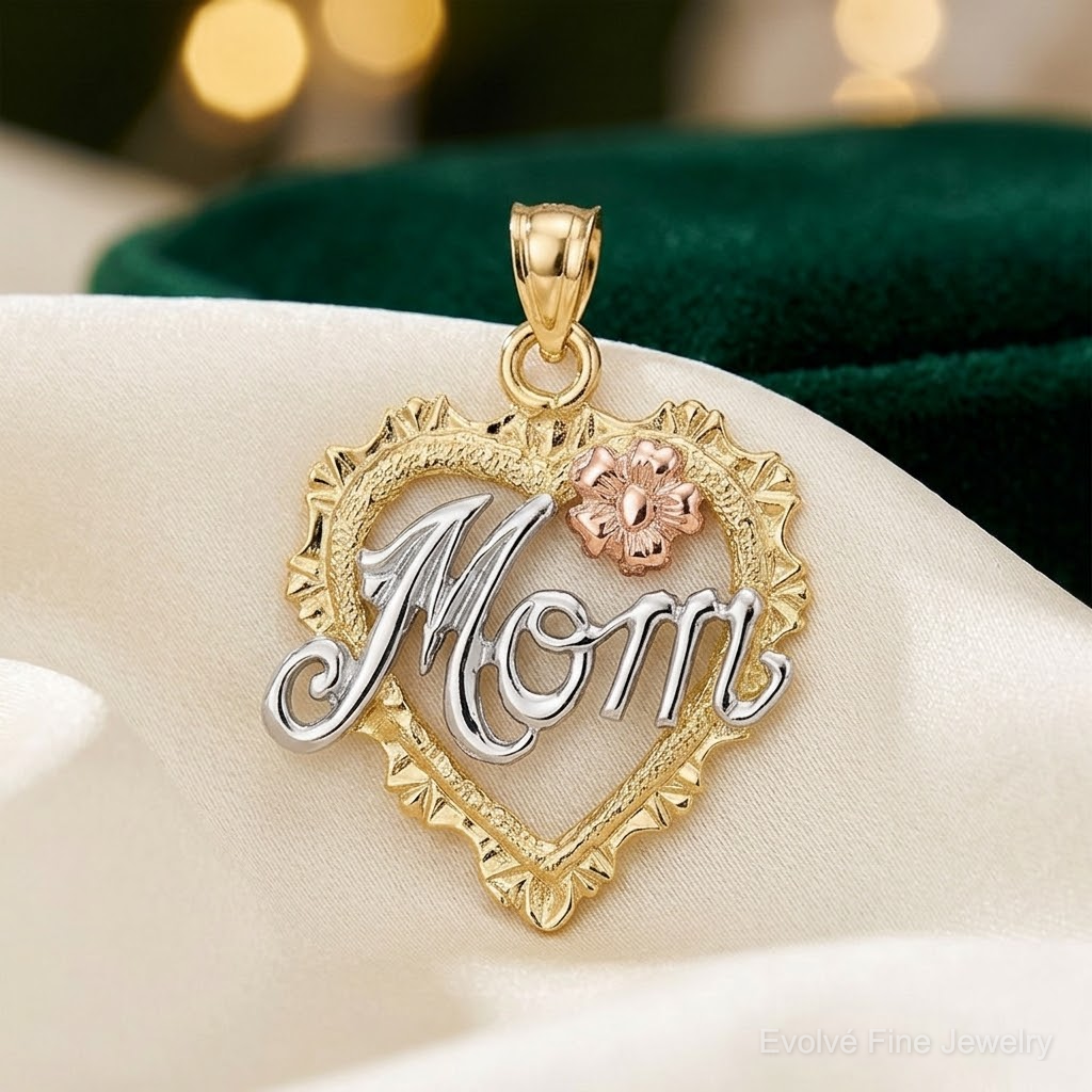 14k Two-tone w/White Rhodium MOM in Heart Charm - Lifestyle View