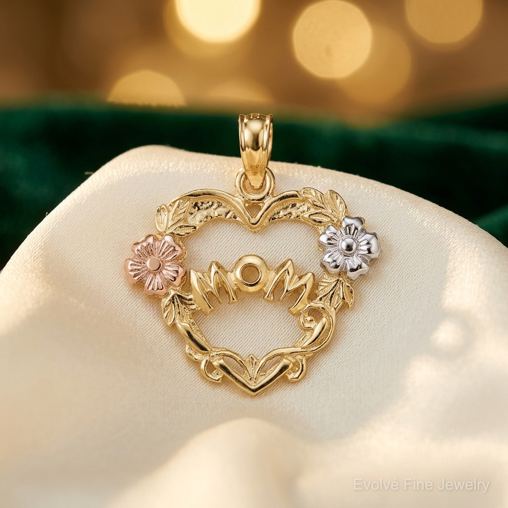 14k Two-tone w/White Rhodium MOM Heart w/Flower Charm - Lifestyle View