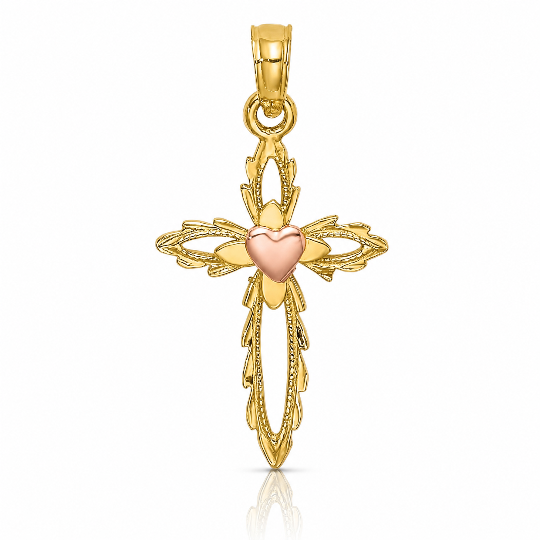 14k Two-Tone Cross w/ Heart Charm - Lifestyle View