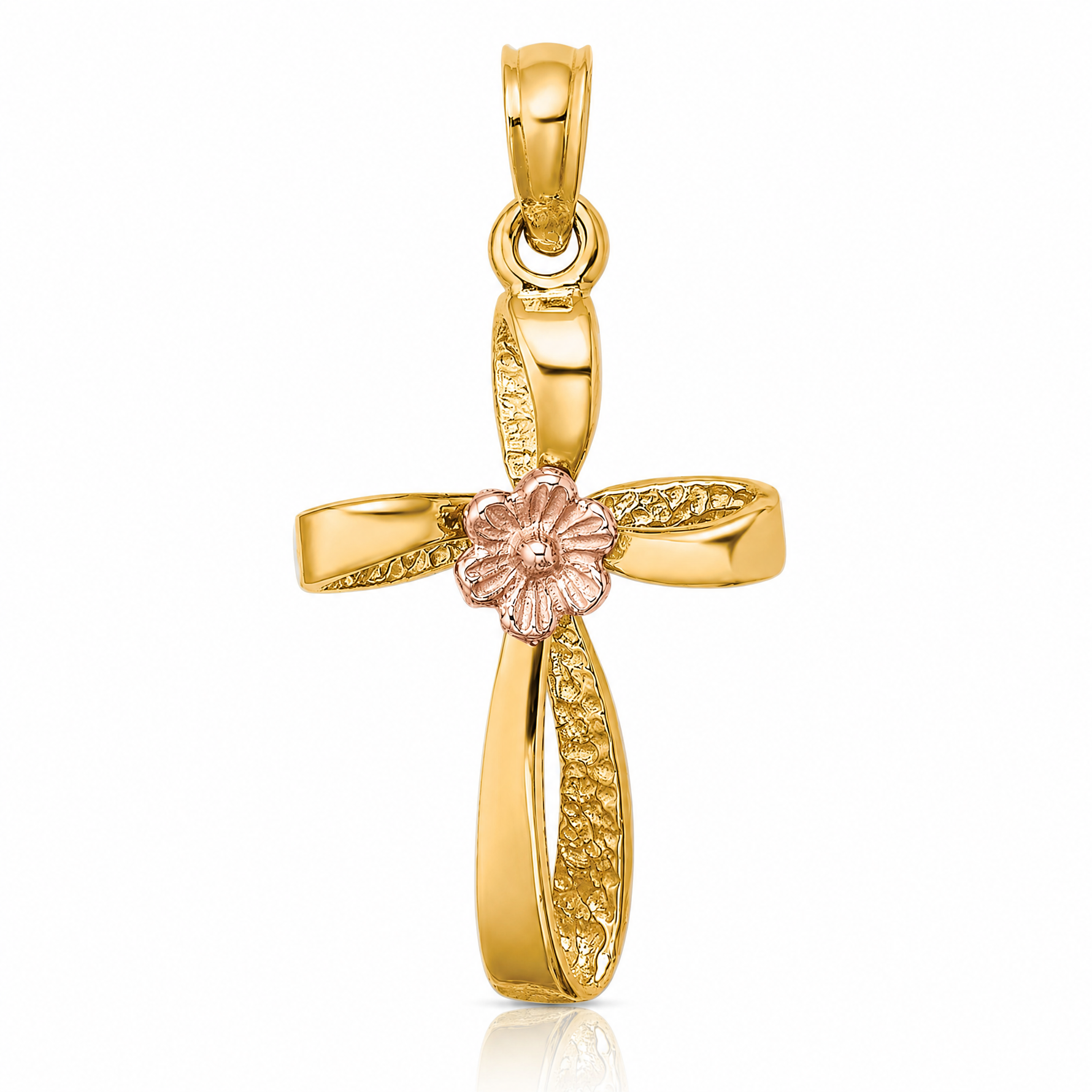 14k Two-Tone Twisted Cross w/ Flower Charm - Lifestyle View