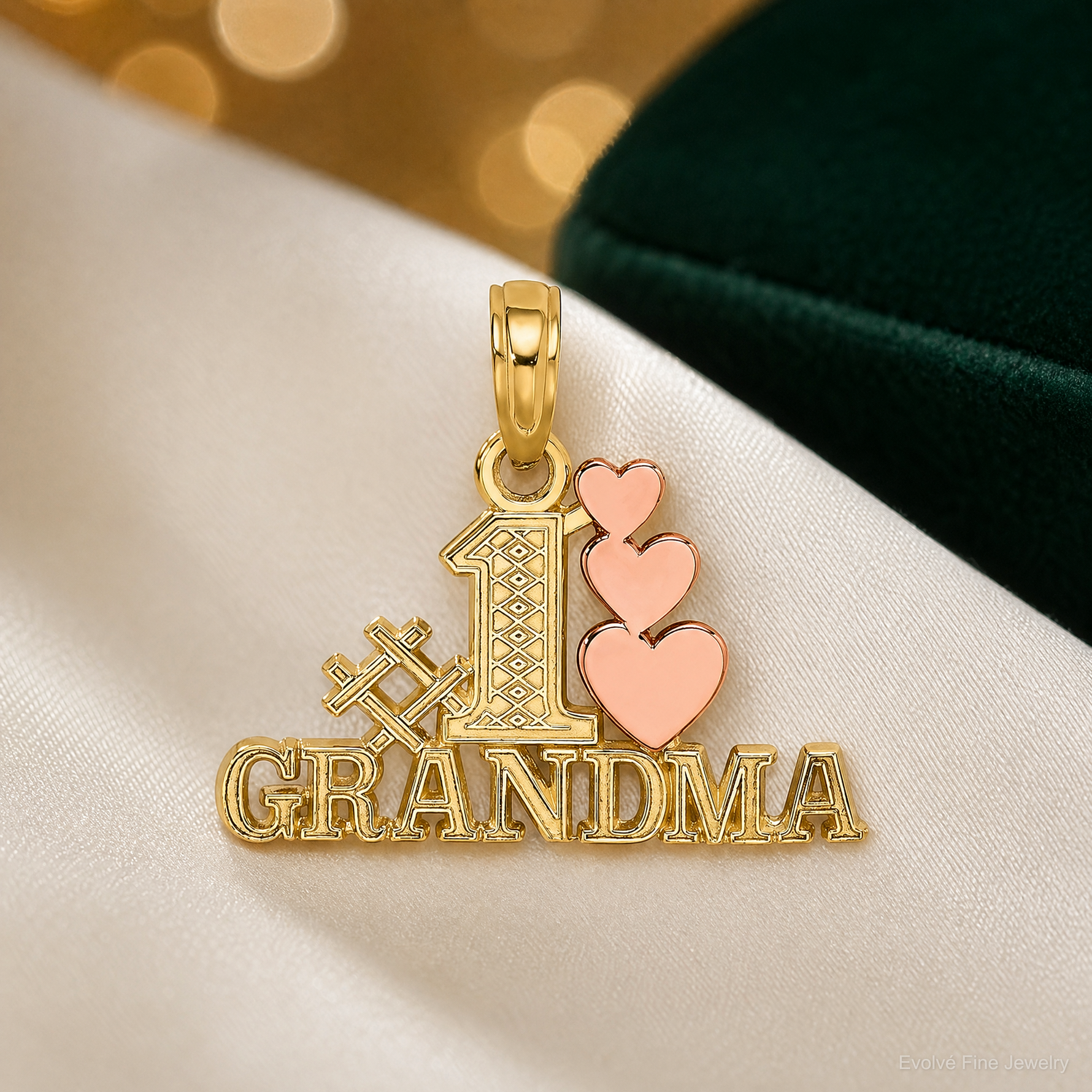 14k Two-Tone #1 GRANDMA w/ Three Hearts Charm - Lifestyle View