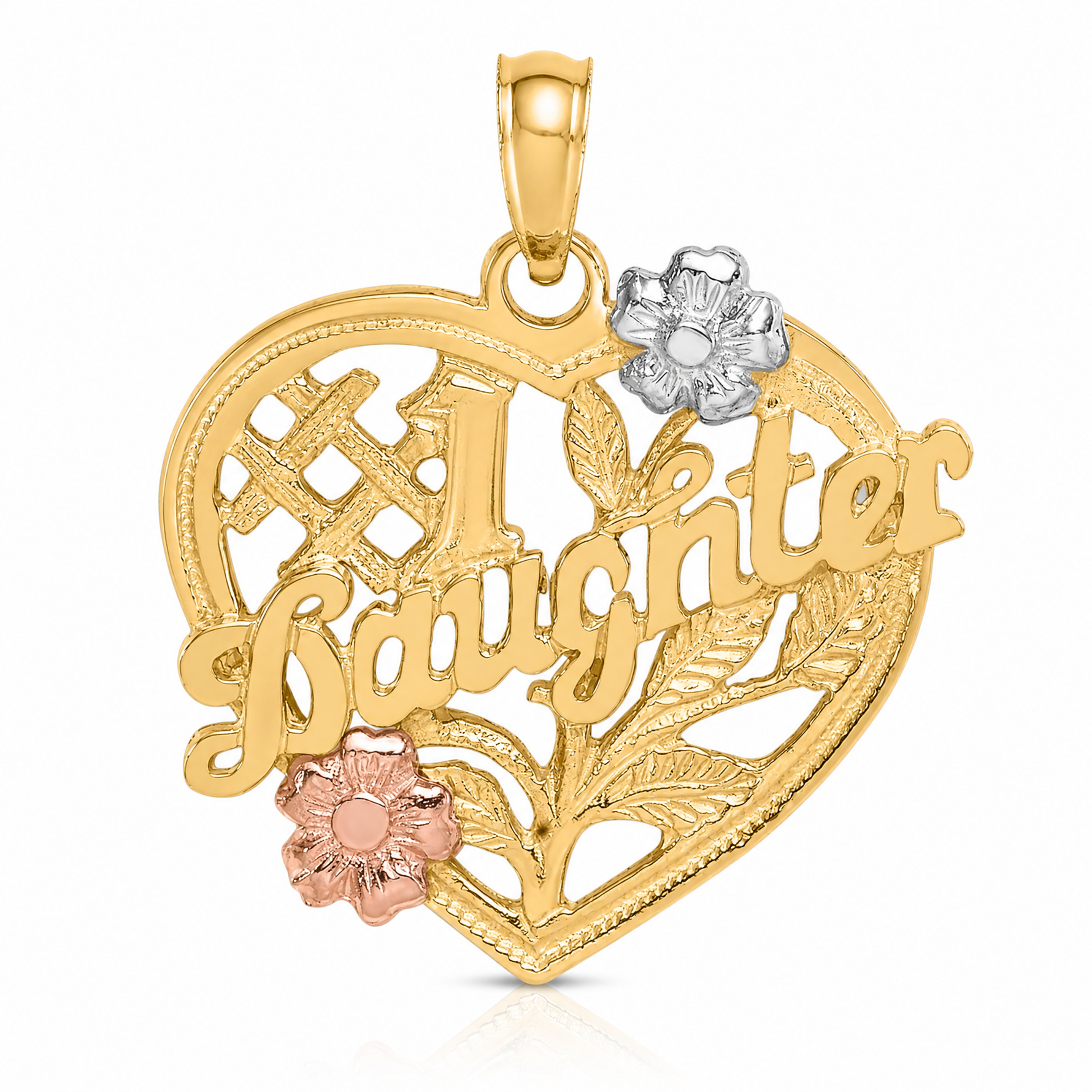 14k Two-tone w/White Rhodium #1 DAUGHTER Heart Charm - Lifestyle View