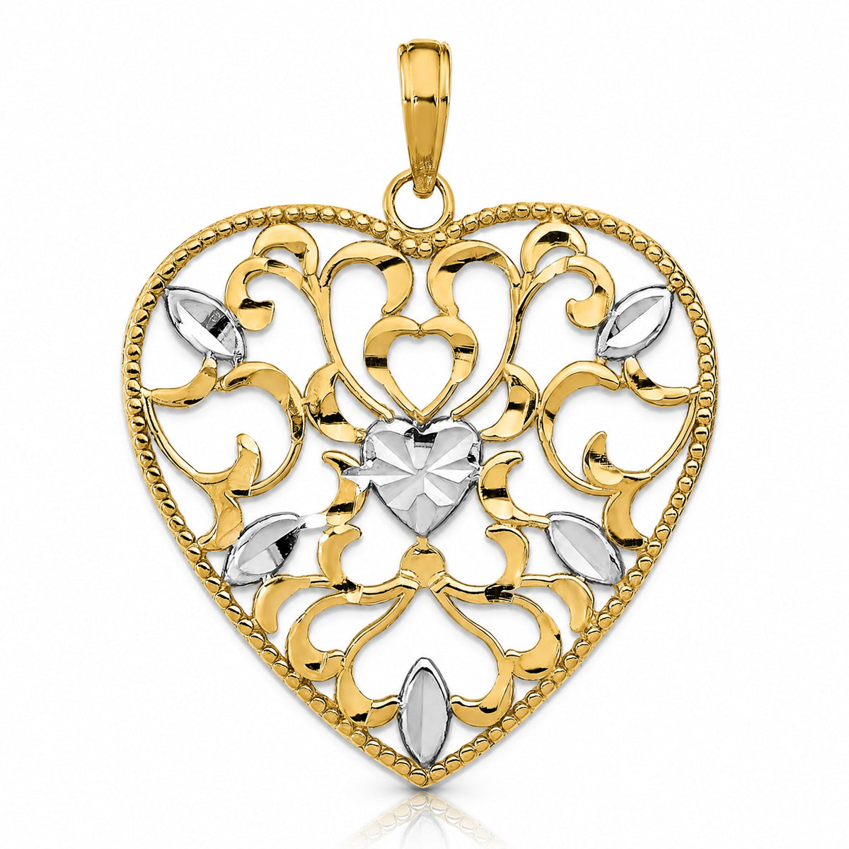14k w/Rhodium Filigree Leaf Accent Heart Charm - Lifestyle View