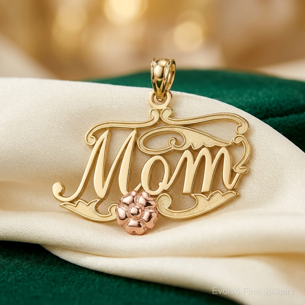 14k Two-Tone MOM Script w/ Flower Charm - Lifestyle View