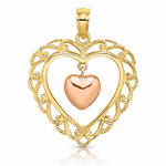 14k Yellow and Rose Gold Polished Dangling Heart In Heart Charm - Lifestyle View