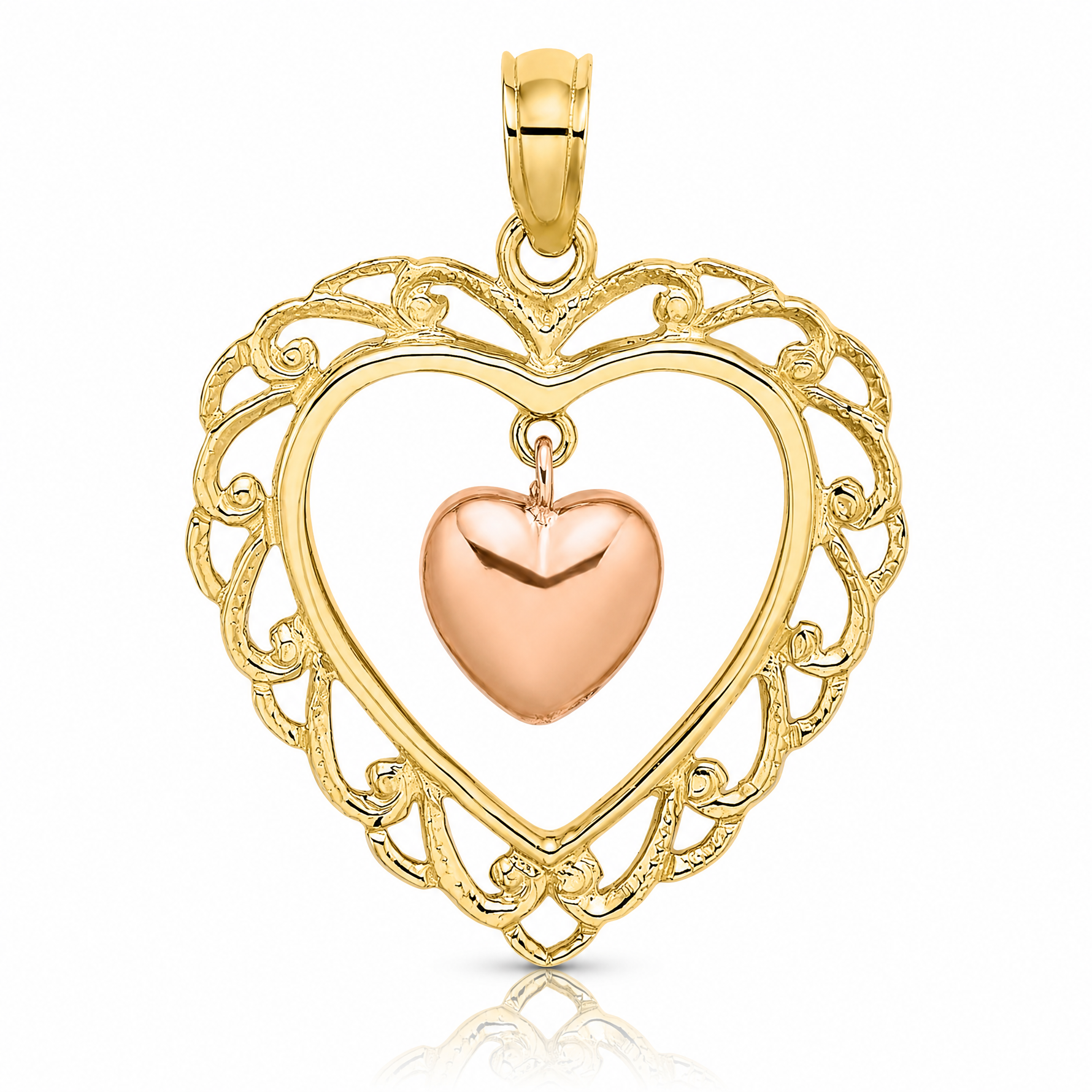 14k Yellow and Rose Gold Polished Dangling Heart In Heart Charm - Lifestyle View