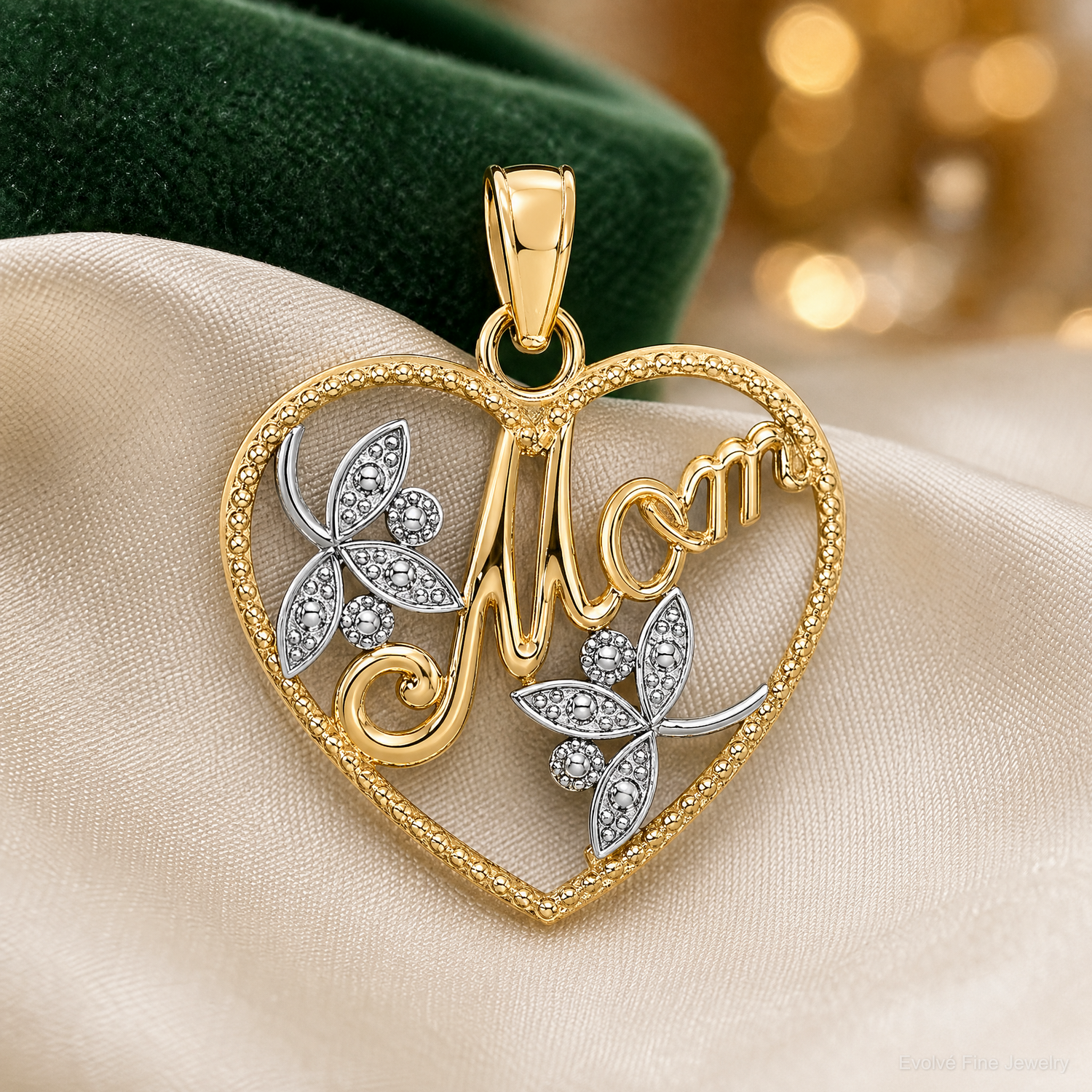 14k w/ Rhodium Textured Heart w/ MOM Charm - Lifestyle View