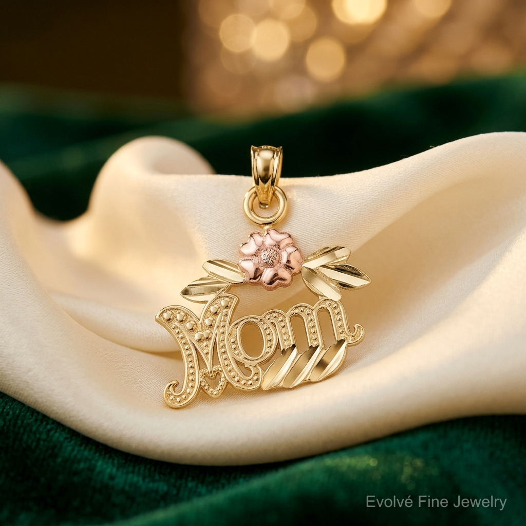 14k Two-Tone Textured Scroll w/ Flower MOM Charm - Lifestyle View