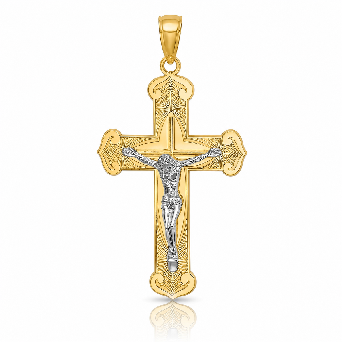 14K Two-tone Engraved Crucifix Charm - Lifestyle View