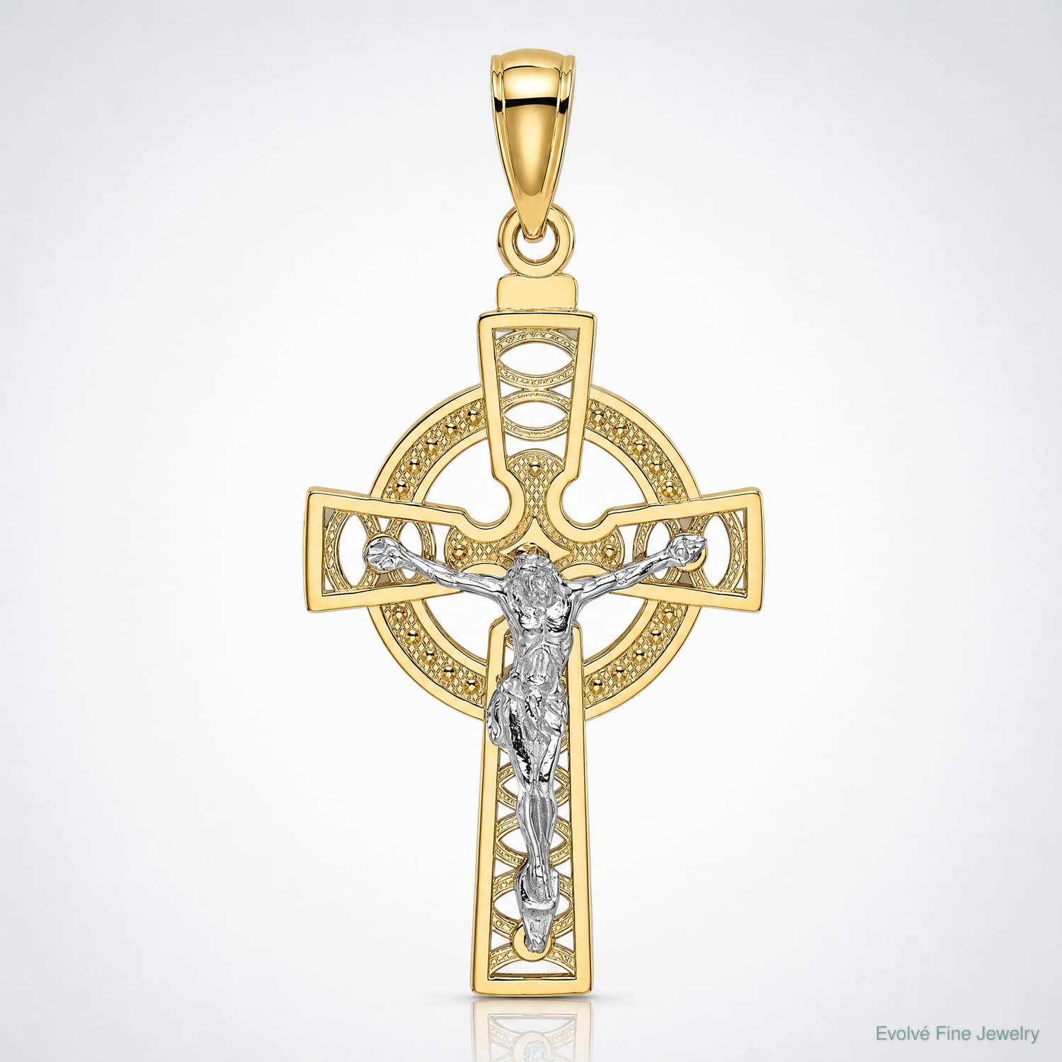 14k Two-tone Celtic Crucifix w/ Eternity Circle Charm - Lifestyle View