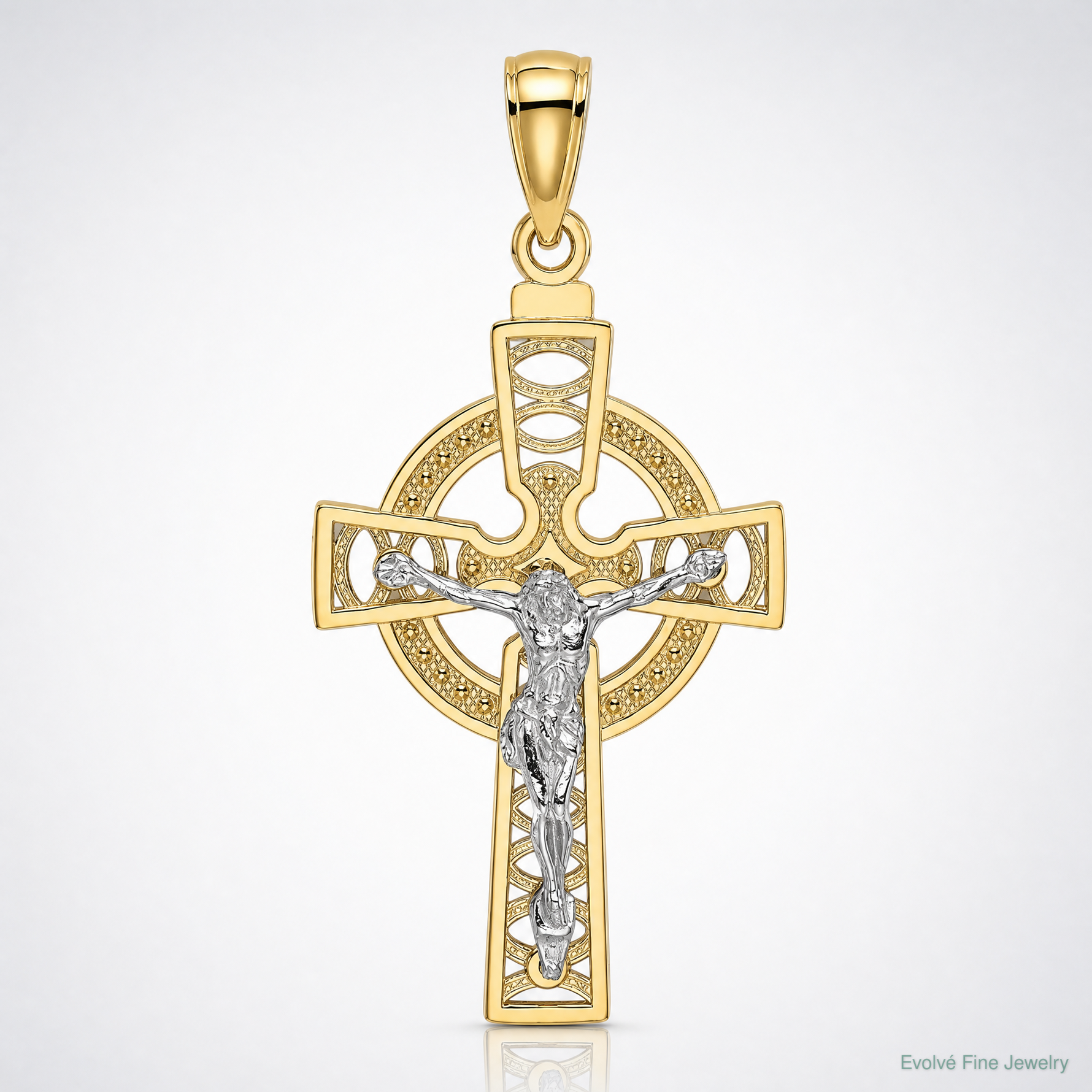 14k Two-tone Celtic Crucifix w/ Eternity Circle Charm - Lifestyle View
