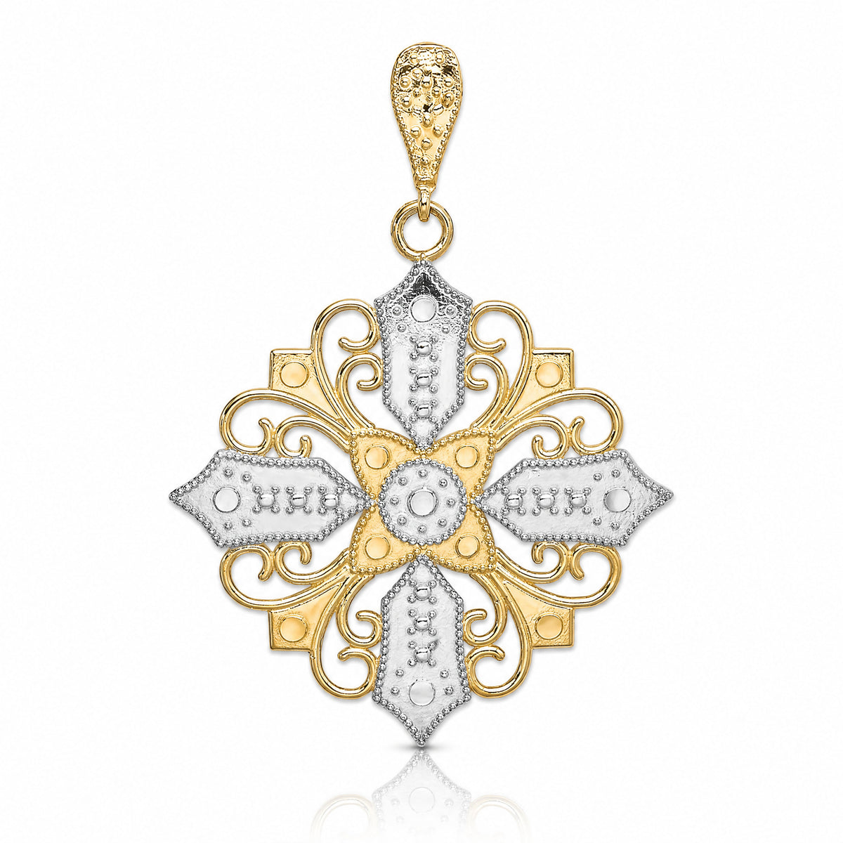 14k w/ Rhodium Cut-out Cross Medallion Charm - Lifestyle View