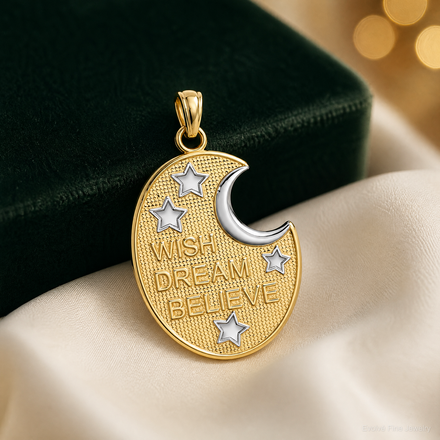 14k w/ Rhodium WISH DREAM BELIEVE Moon and Stars Charm - Lifestyle View