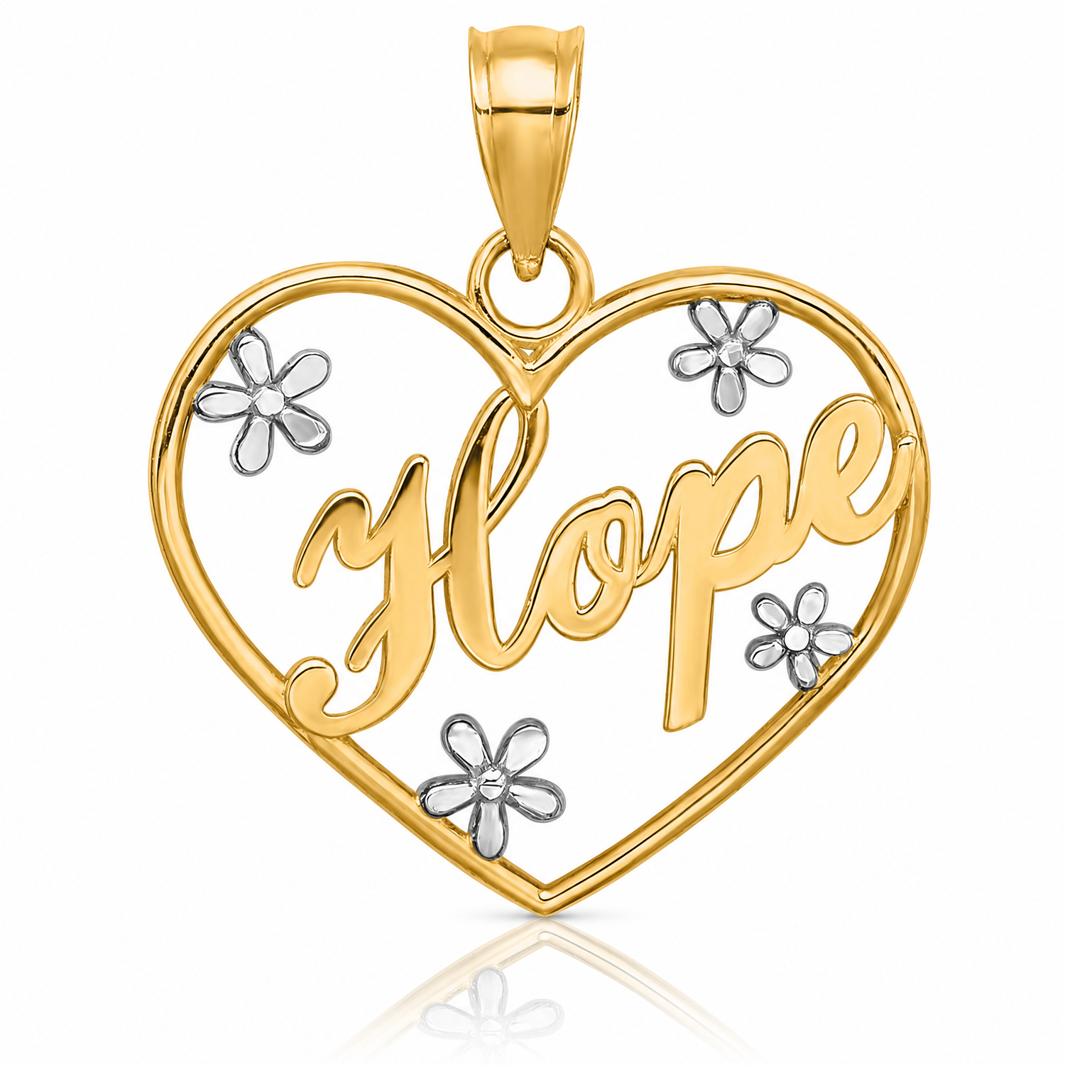 14k w/Rhodium Hope In Heart w/Flowers Charm - Lifestyle View