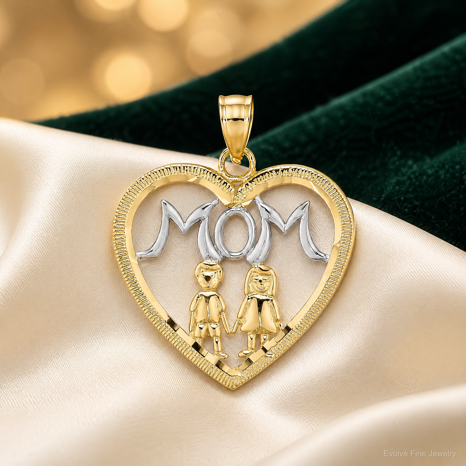 14k w/ Rhodium MOM Heart with 2 Kids Charm - Lifestyle View