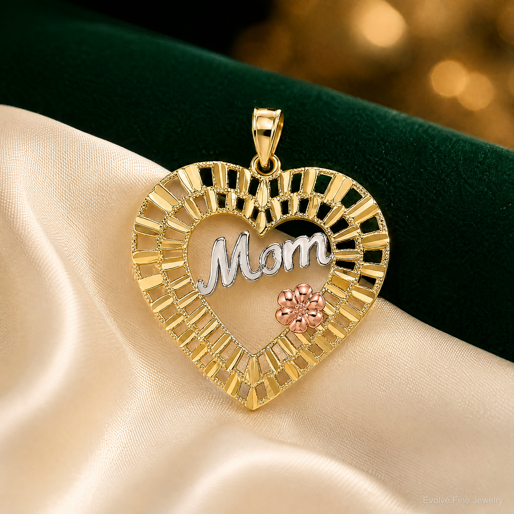 14k Two-tone w/White Rhodium D/C  MOM Heart Charm - Lifestyle View