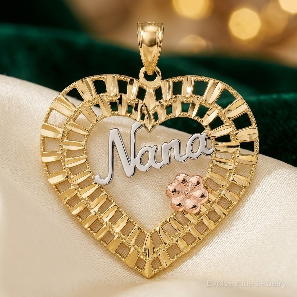 14k Two-tone w/White Rhodium NANA Heart w/Flowers Charm - Lifestyle View