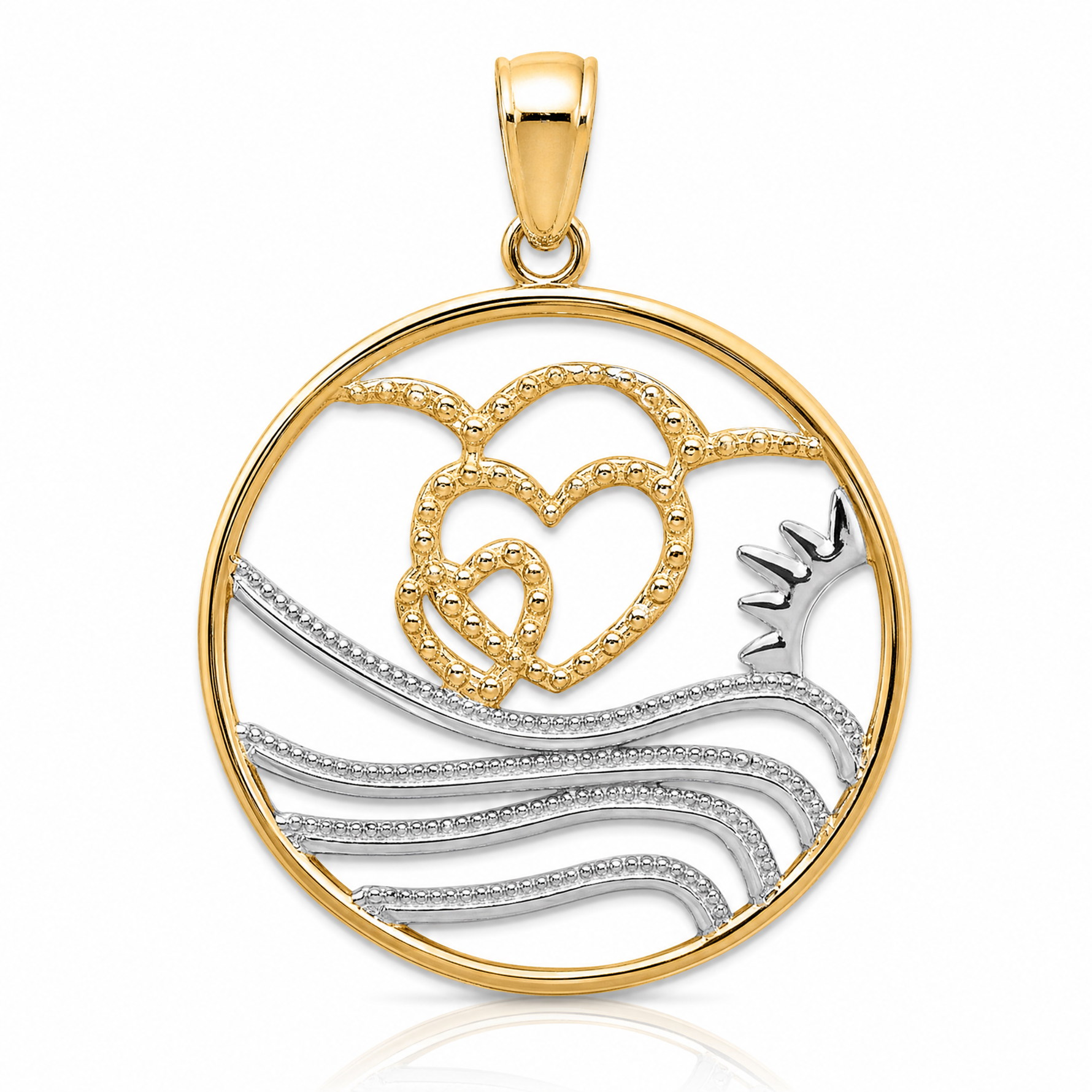 14k w/Rhodium Sun, Hearts ,Water Circle Charm - Lifestyle View