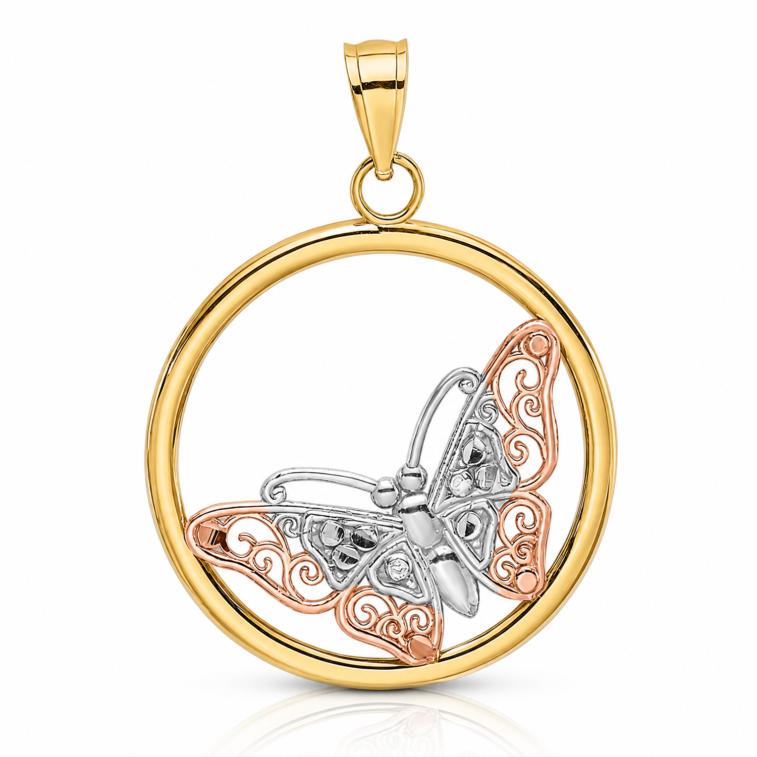 14k Two-tone w/White Rhodium Butterfly In Round Frame Charm - Lifestyle View