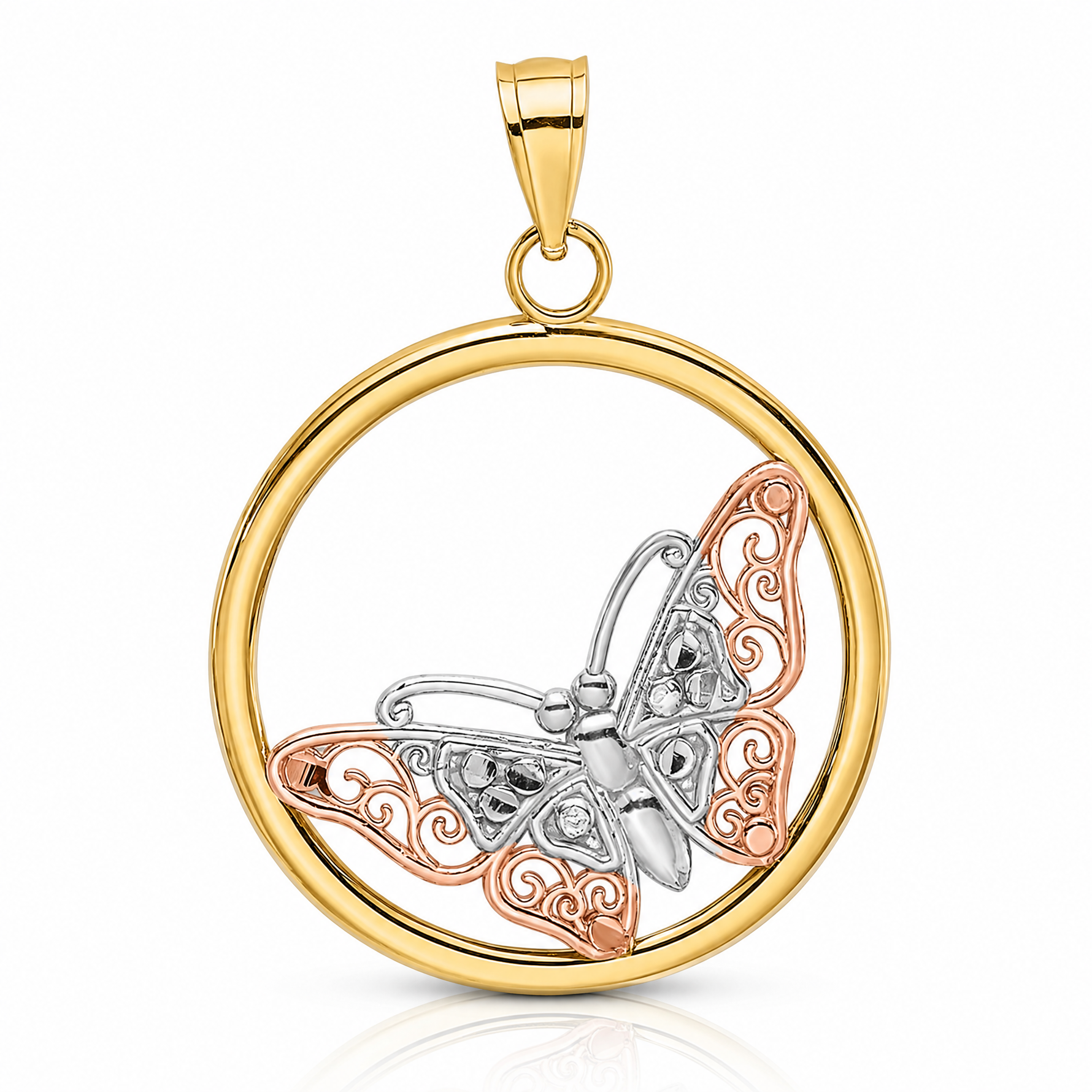 14k Two-tone w/White Rhodium Butterfly In Round Frame Charm - Lifestyle View