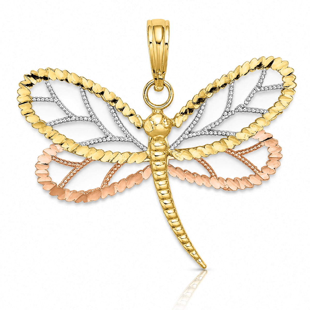 14k Two-tone White Rhodium Dragonfly w/Beaded Diamond-cut Wings Charm - Lifestyle View