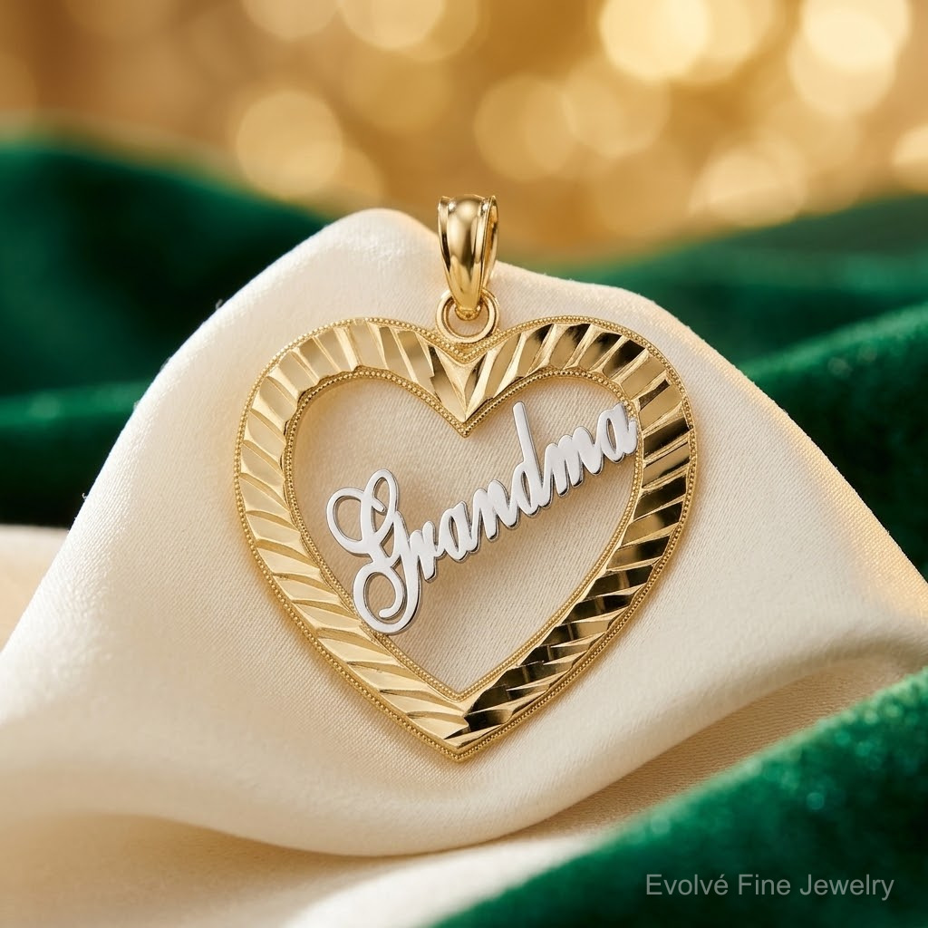 14k w/ White Rhodium Diamond-cut Heart GRANDMA Charm - Lifestyle View