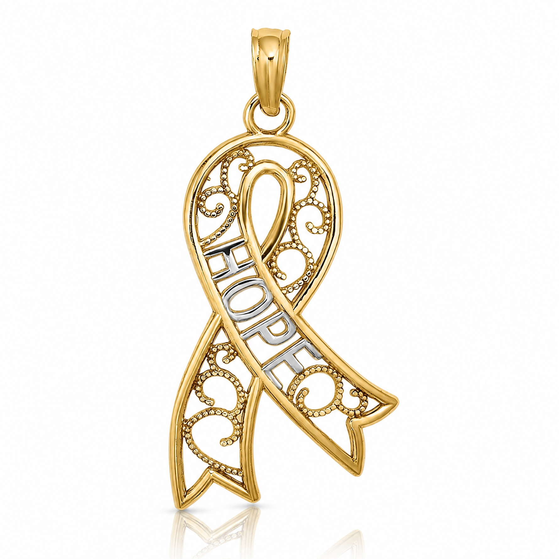 14k w/Rhodium Filigree Ribbon HOPE Charm - Lifestyle View