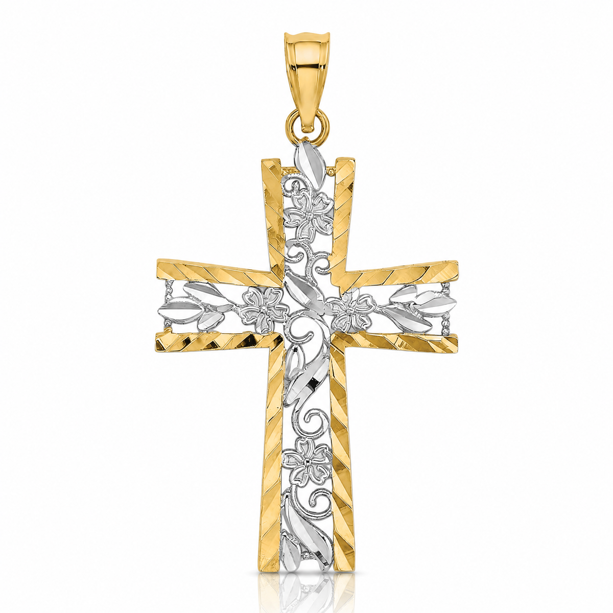14K W/ Rhodium and D/C Flower Design Cross Charm - Lifestyle View