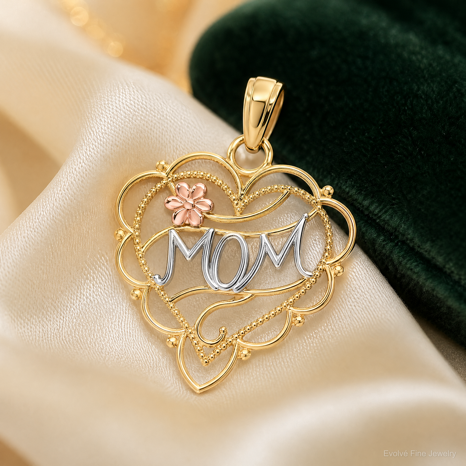14k Two-Tone w/White Rhodium MOM Heart w/Flower Charm - Lifestyle View