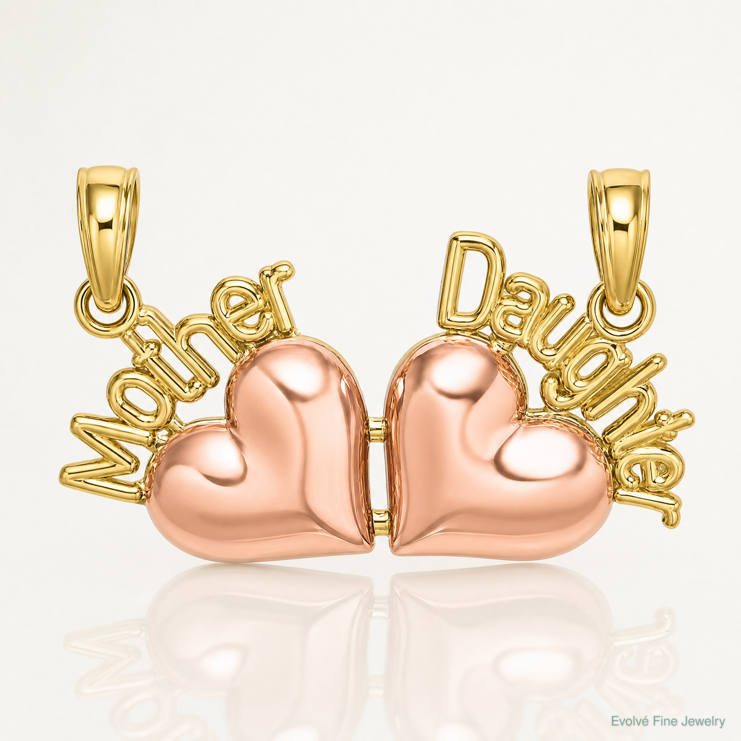 14k Two-Tone MOTHER and DAUGHTER Break-Apart Hearts Charm - Lifestyle View