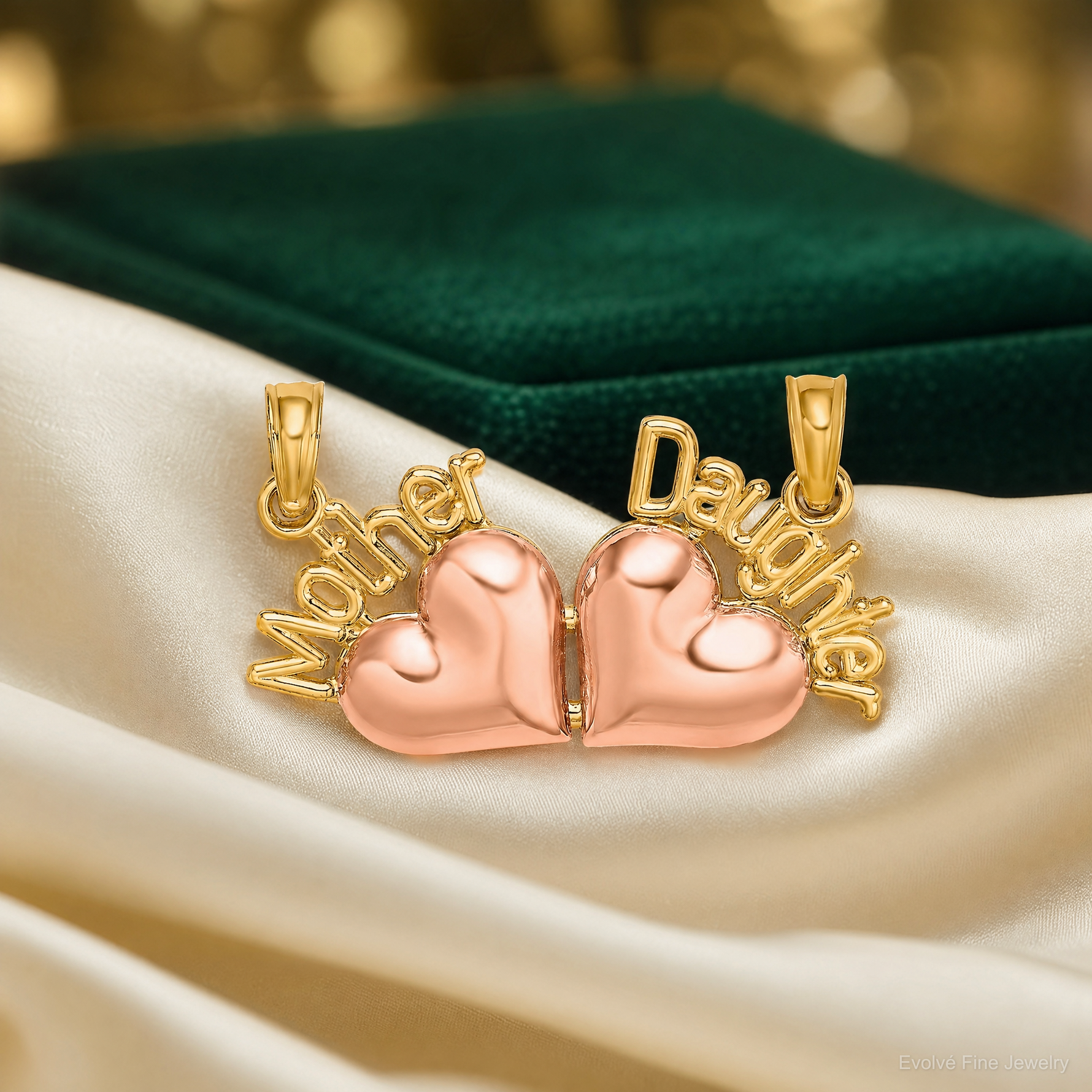 14k Two-Tone MOTHER and DAUGHTER Break-Apart Hearts Charm - Lifestyle View