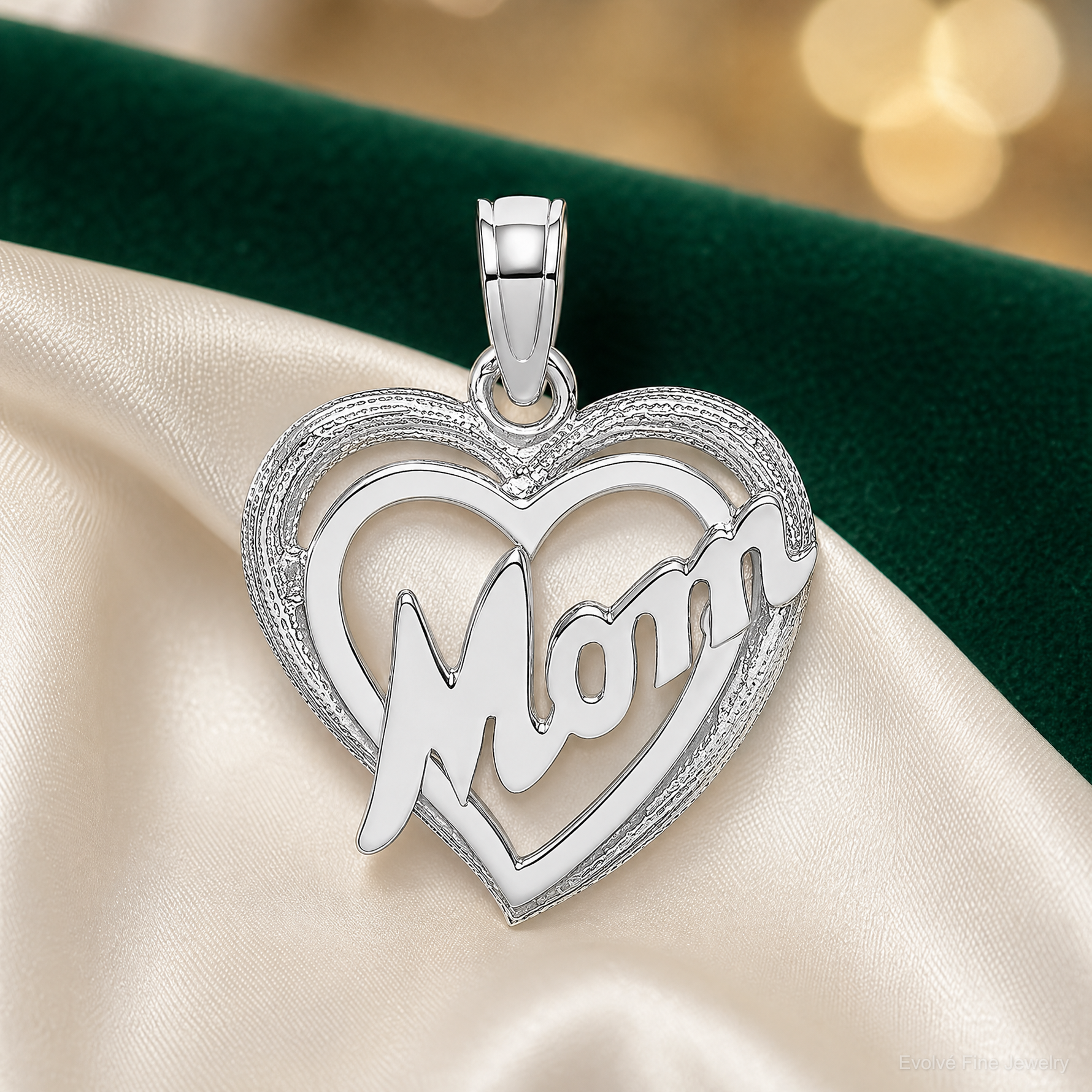 14K White Gold MOM Inside Heart Charm - Lifestyle View
