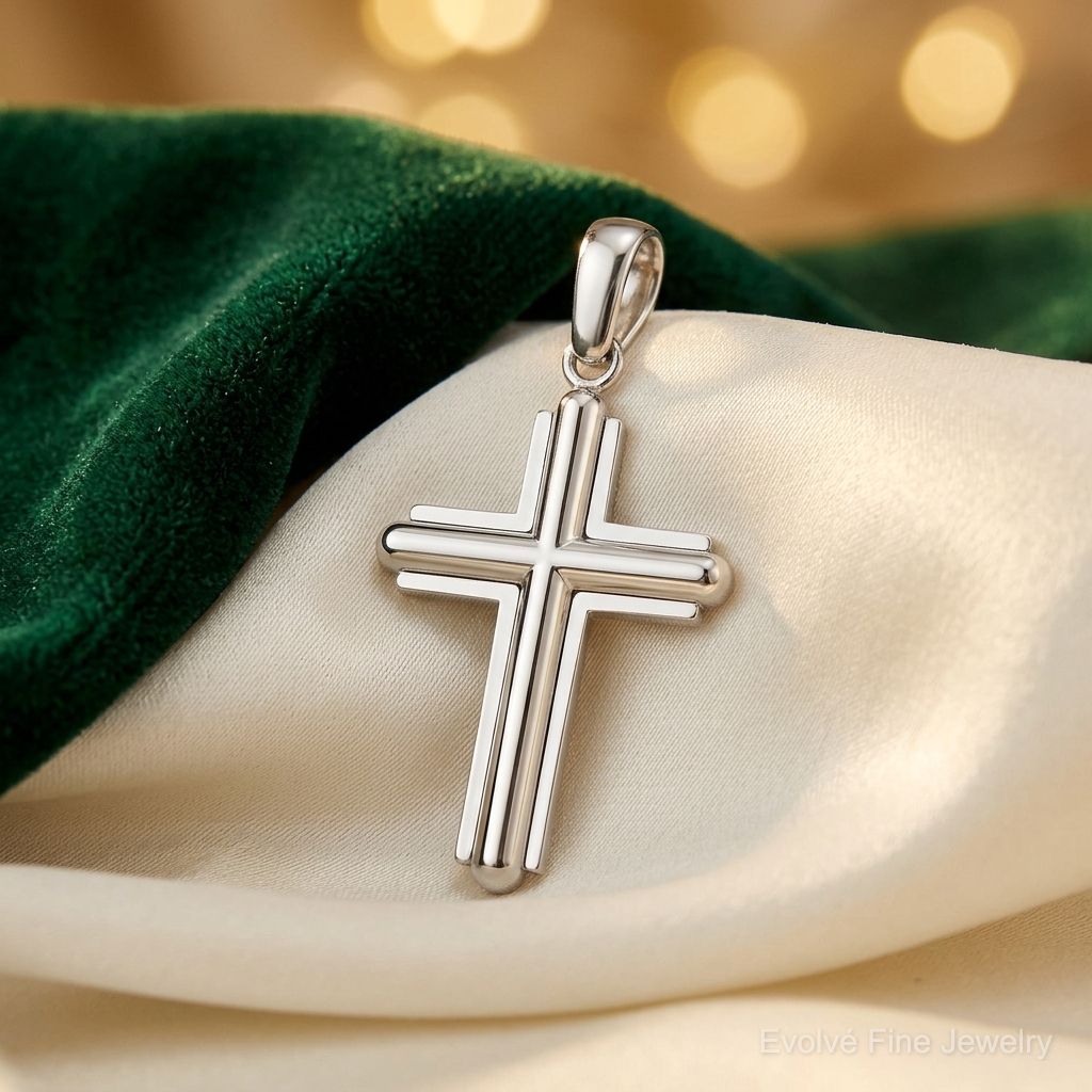 14k White Gold Beveled Cross Charm - Lifestyle View