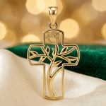 14K Polished Flower Design Cross Pendant - Lifestyle View