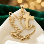 14K Polished Dove and Cross Pendant - Lifestyle View