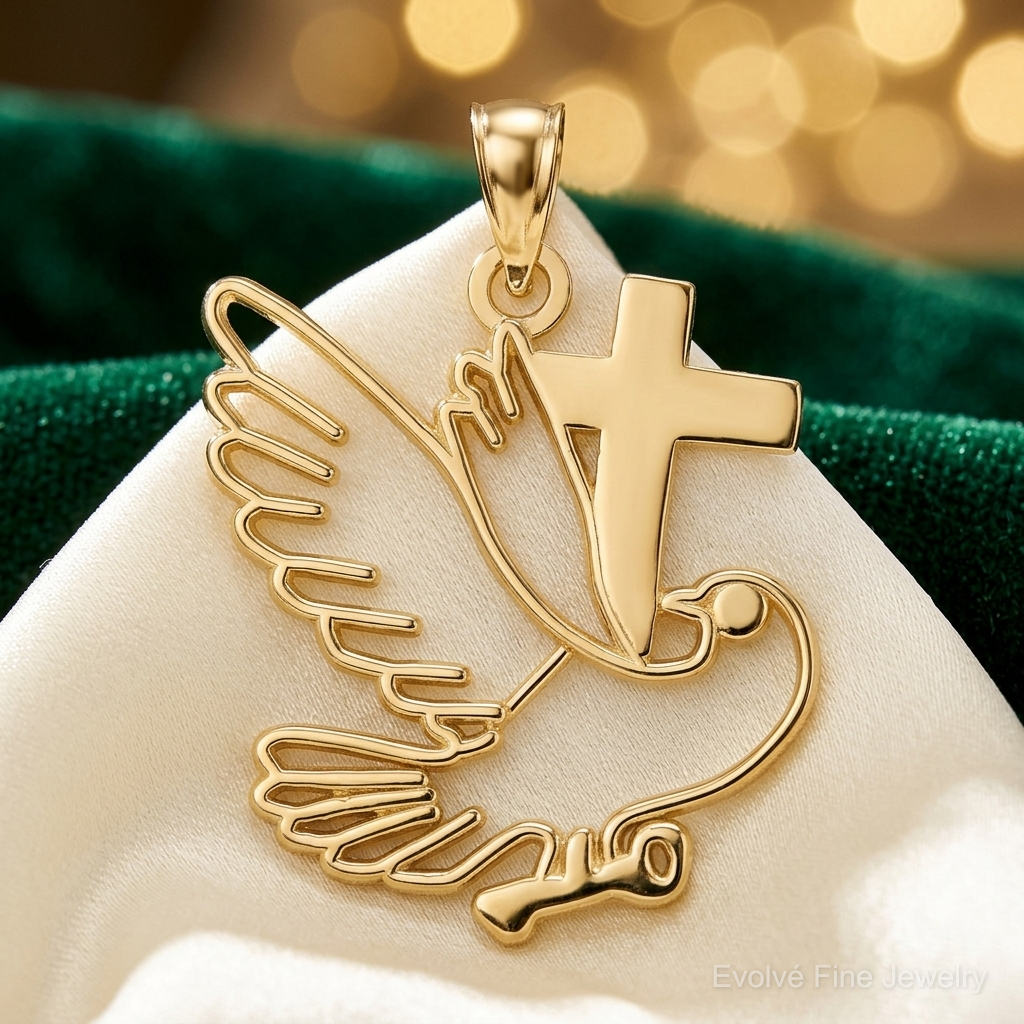 14K Polished Dove and Cross Pendant - Lifestyle View